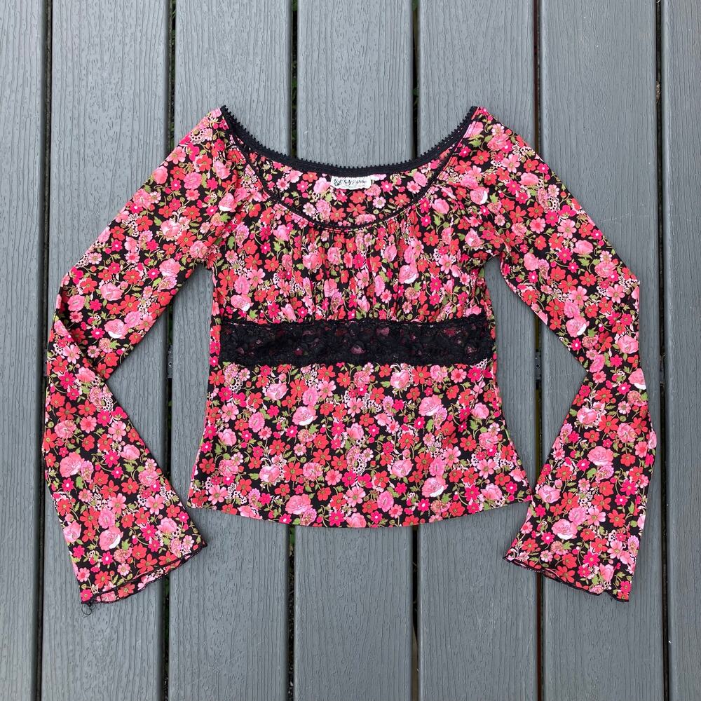 Pink floral babydoll mesh shirt with lace trim, fairycore Y2K boho chic